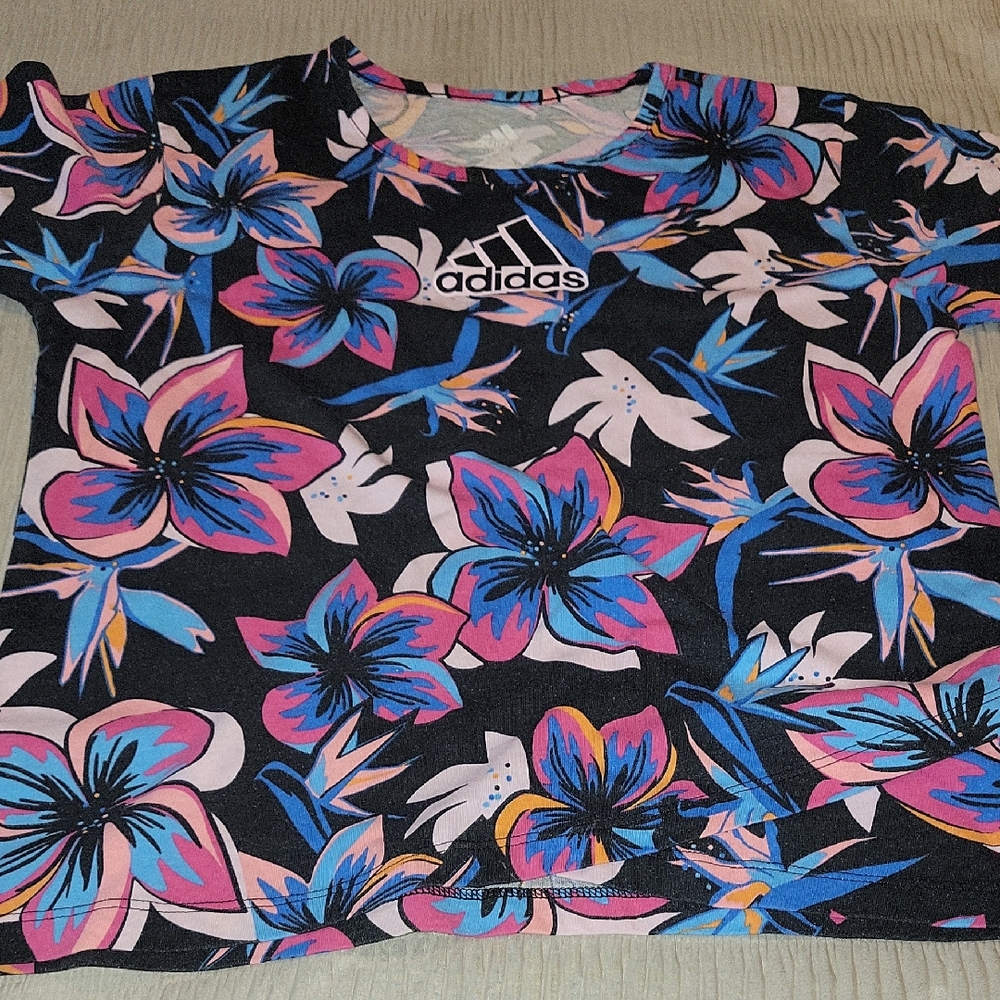 Adidas Black Floral Tee with Pink and Blue Accents
